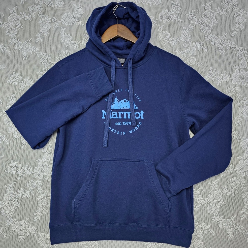 Marmot Mountain Works Hoodie Mens Medium Blue Pullover Sweatshirt Chest Logo